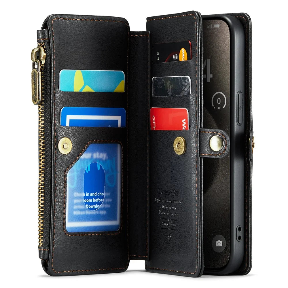 For iPhone 15 Pro Leather Case CASEME C36 Zipper Multiple Card Slots Phone Cover with Straps - Black - 2