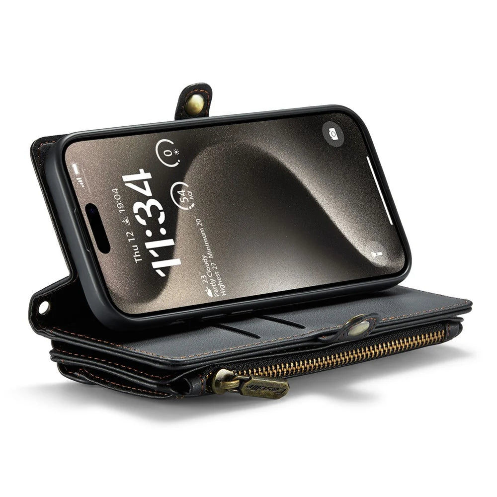 For iPhone 15 Pro Leather Case CASEME C36 Zipper Multiple Card Slots Phone Cover with Straps - Black - 3