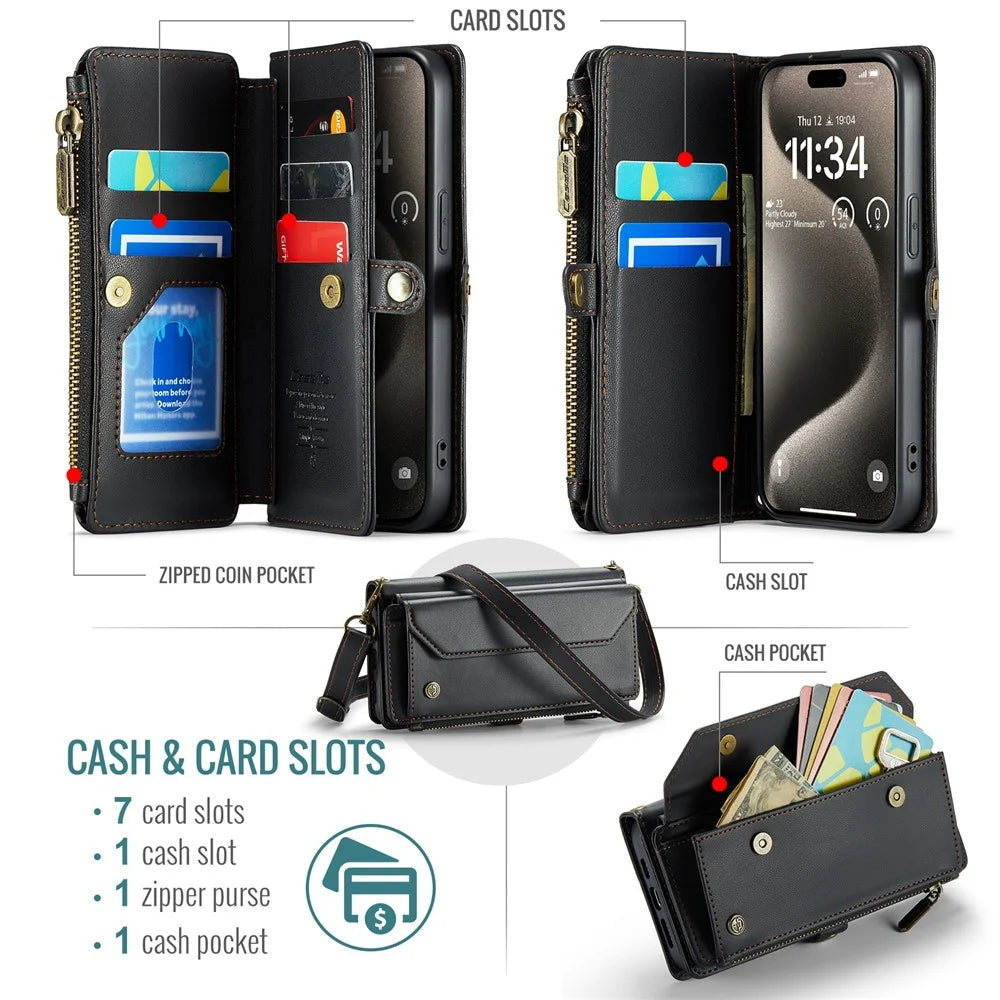 For iPhone 15 Pro Leather Case CASEME C36 Zipper Multiple Card Slots Phone Cover with Straps - Black - 4