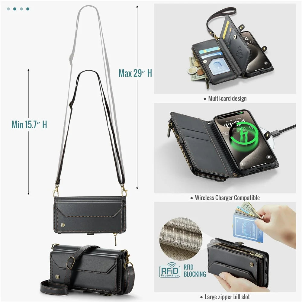 For iPhone 15 Pro Leather Case CASEME C36 Zipper Multiple Card Slots Phone Cover with Straps - Black - 6