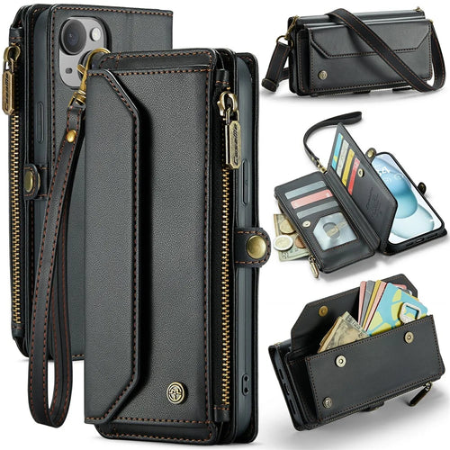 For iPhone 15 Plus Leather Case CASEME C36 Zipper Multiple Card Slots Phone Cover with Straps - Black - 1