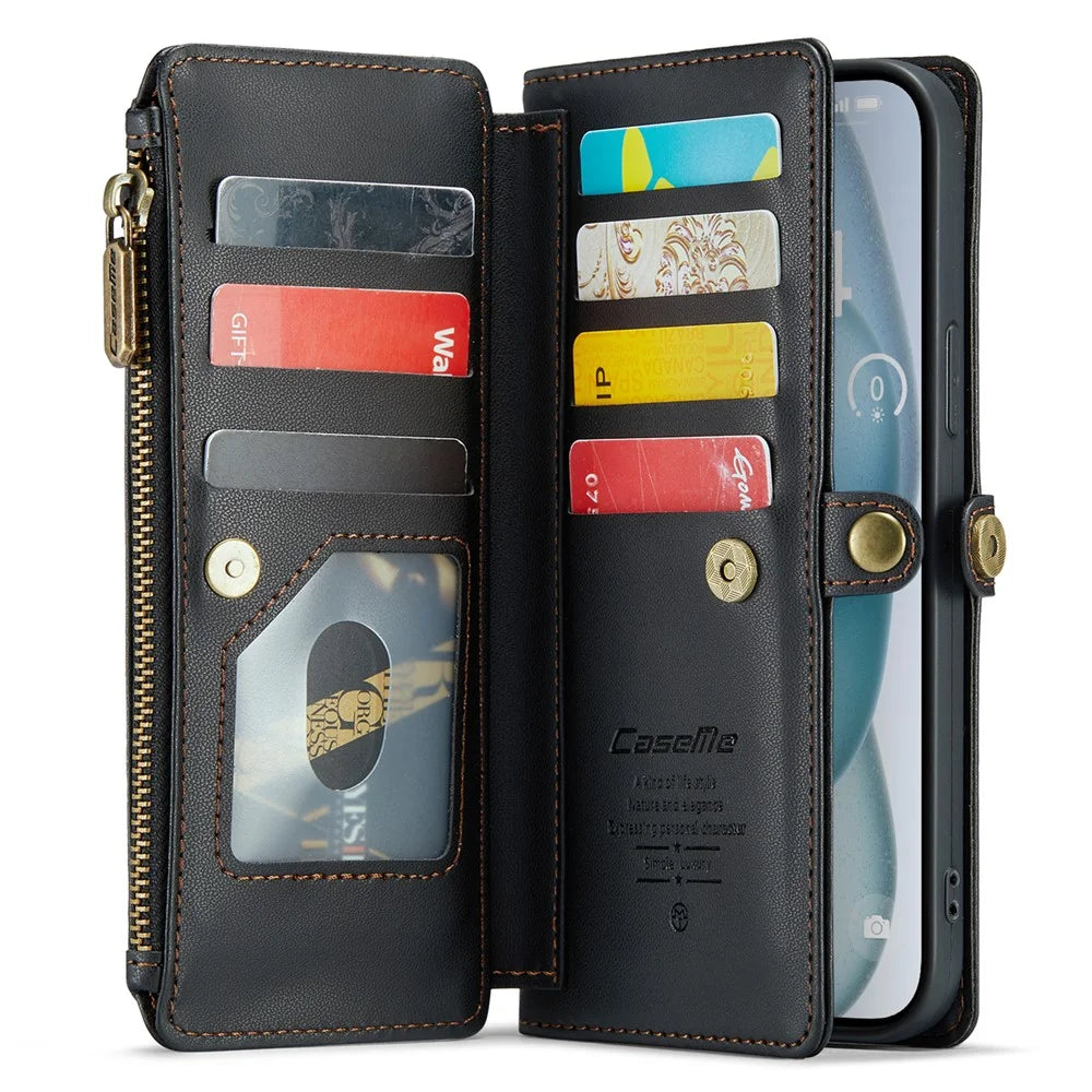 For iPhone 15 Plus Leather Case CASEME C36 Zipper Multiple Card Slots Phone Cover with Straps - Black - 2
