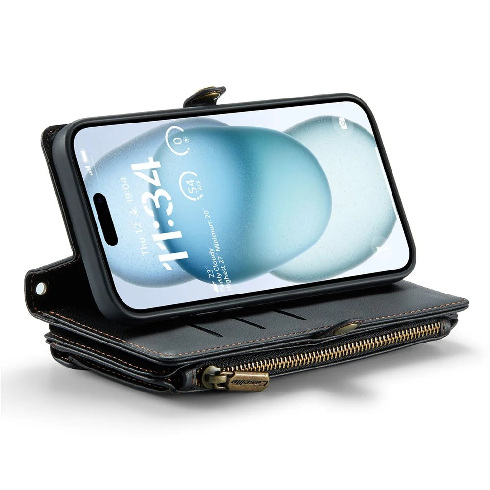 For iPhone 15 Plus Leather Case CASEME C36 Zipper Multiple Card Slots Phone Cover with Straps - Black - 3