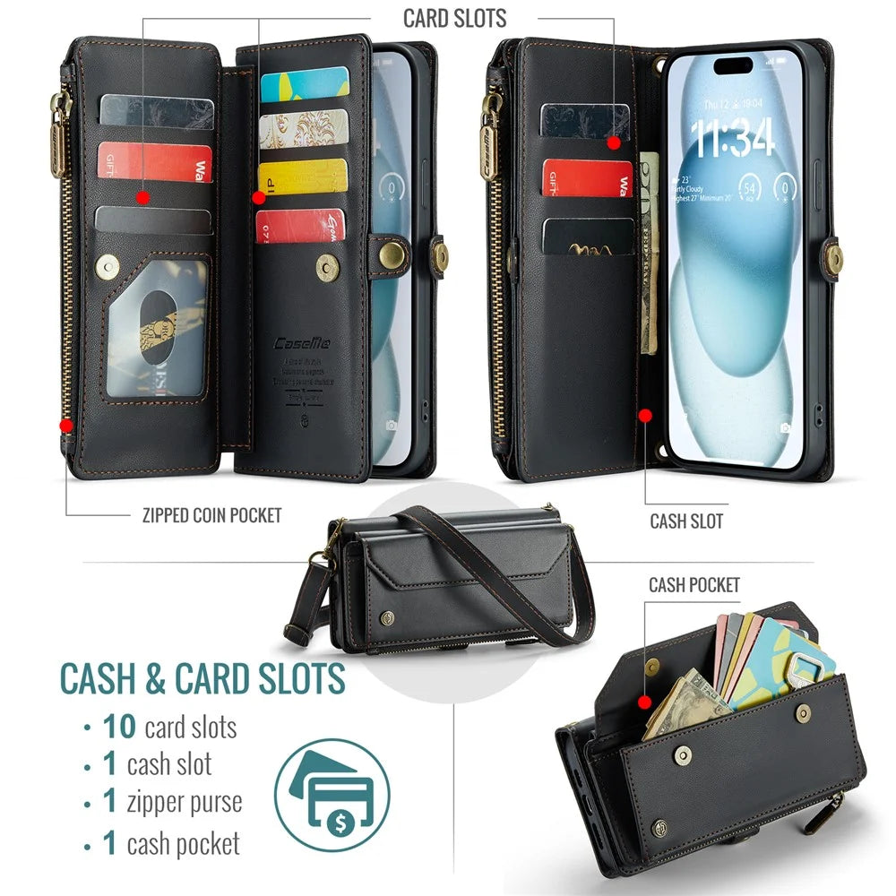 For iPhone 15 Plus Leather Case CASEME C36 Zipper Multiple Card Slots Phone Cover with Straps - Black - 4