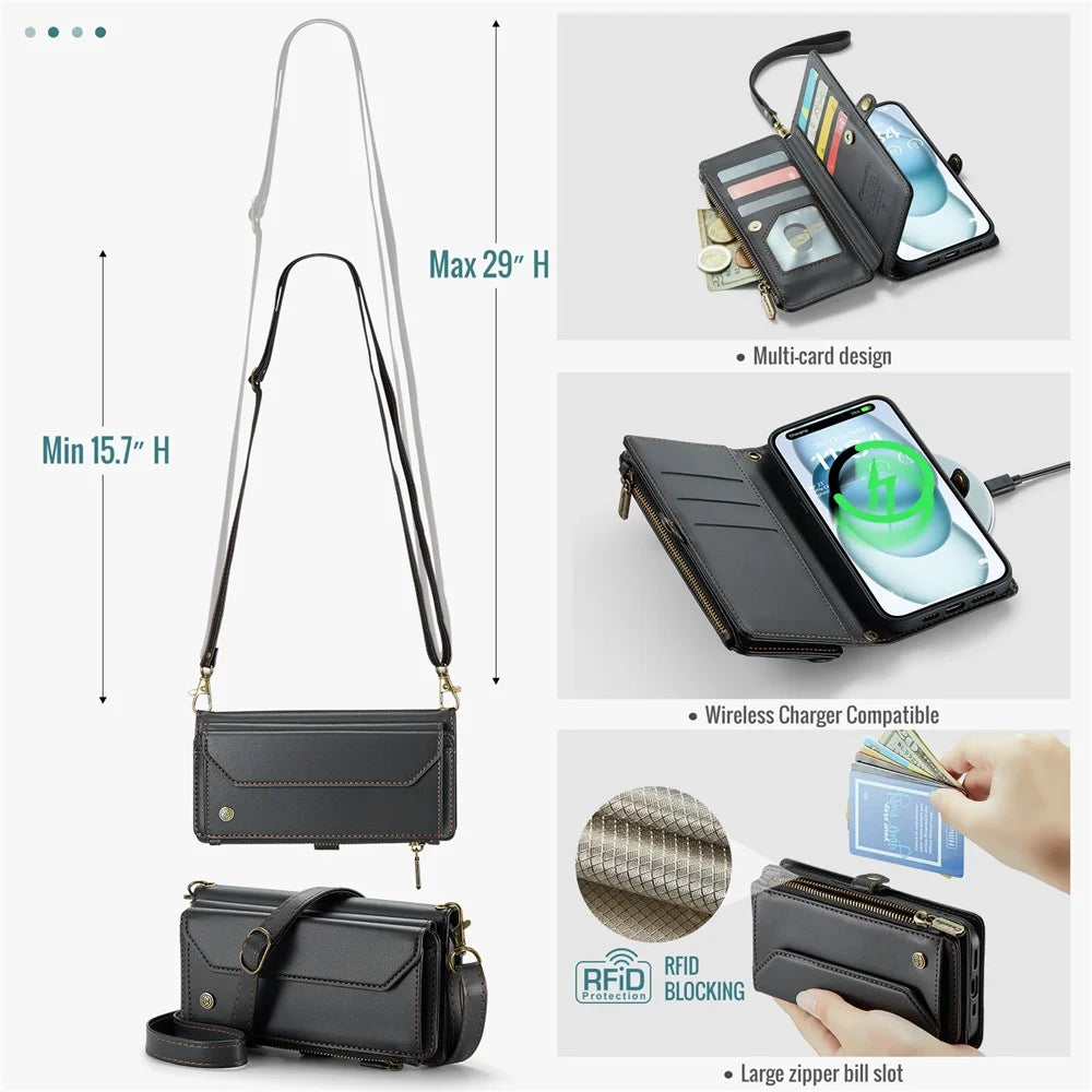 For iPhone 15 Plus Leather Case CASEME C36 Zipper Multiple Card Slots Phone Cover with Straps - Black - 6