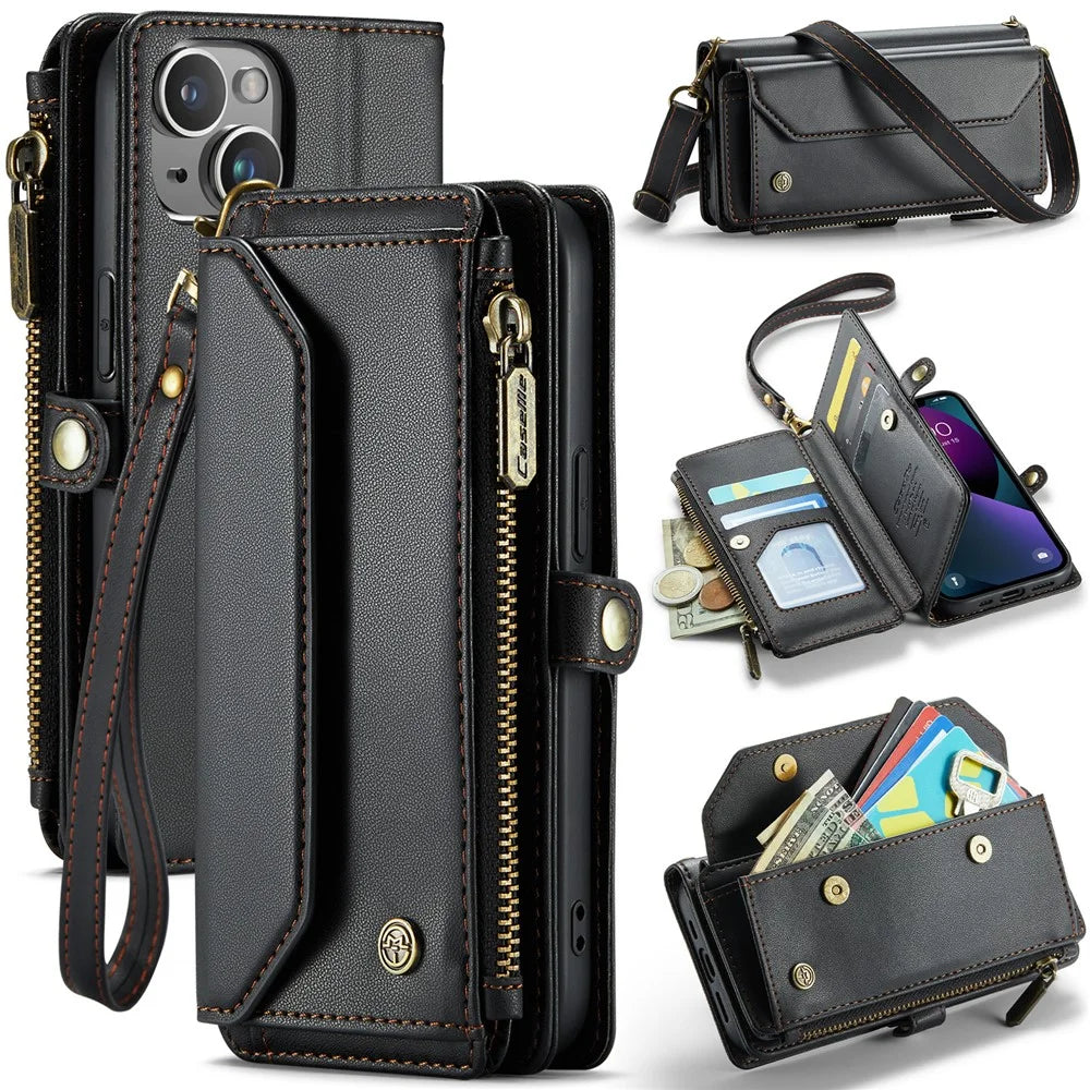 For iPhone 13 Leather Case CASEME C36 Zipper Multiple Card Slots Phone Cover with Straps - Black - 1