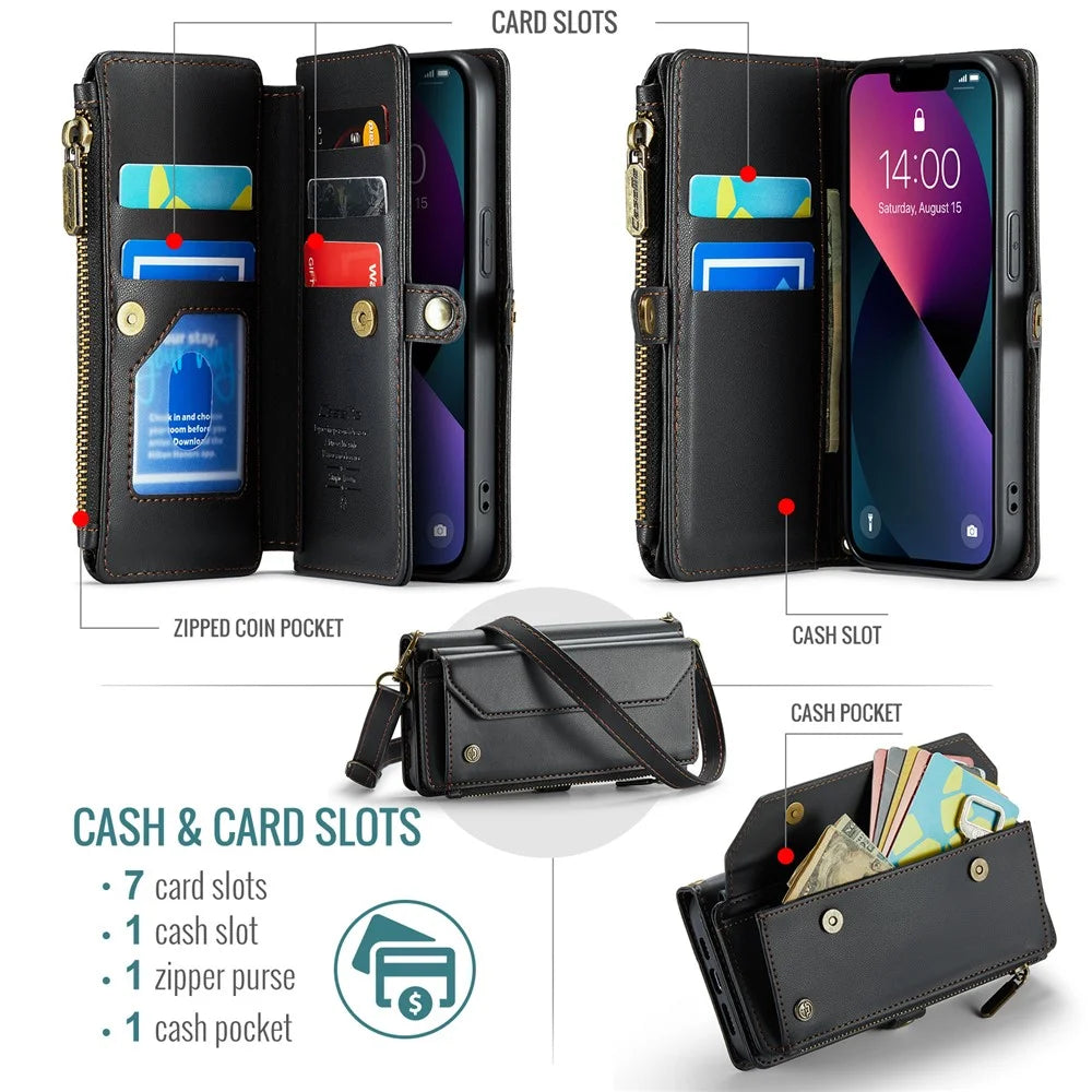 For iPhone 13 Leather Case CASEME C36 Zipper Multiple Card Slots Phone Cover with Straps - Black - 4