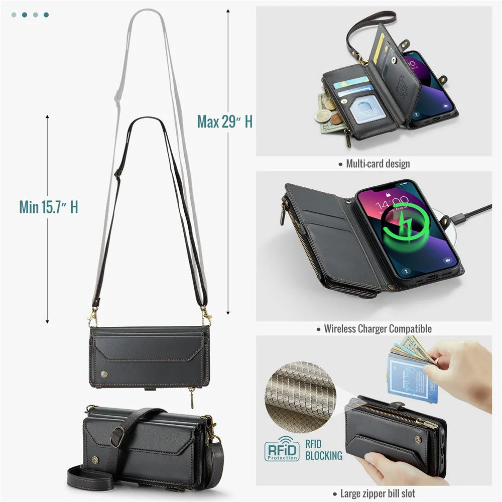 For iPhone 13 Leather Case CASEME C36 Zipper Multiple Card Slots Phone Cover with Straps - Black - 6