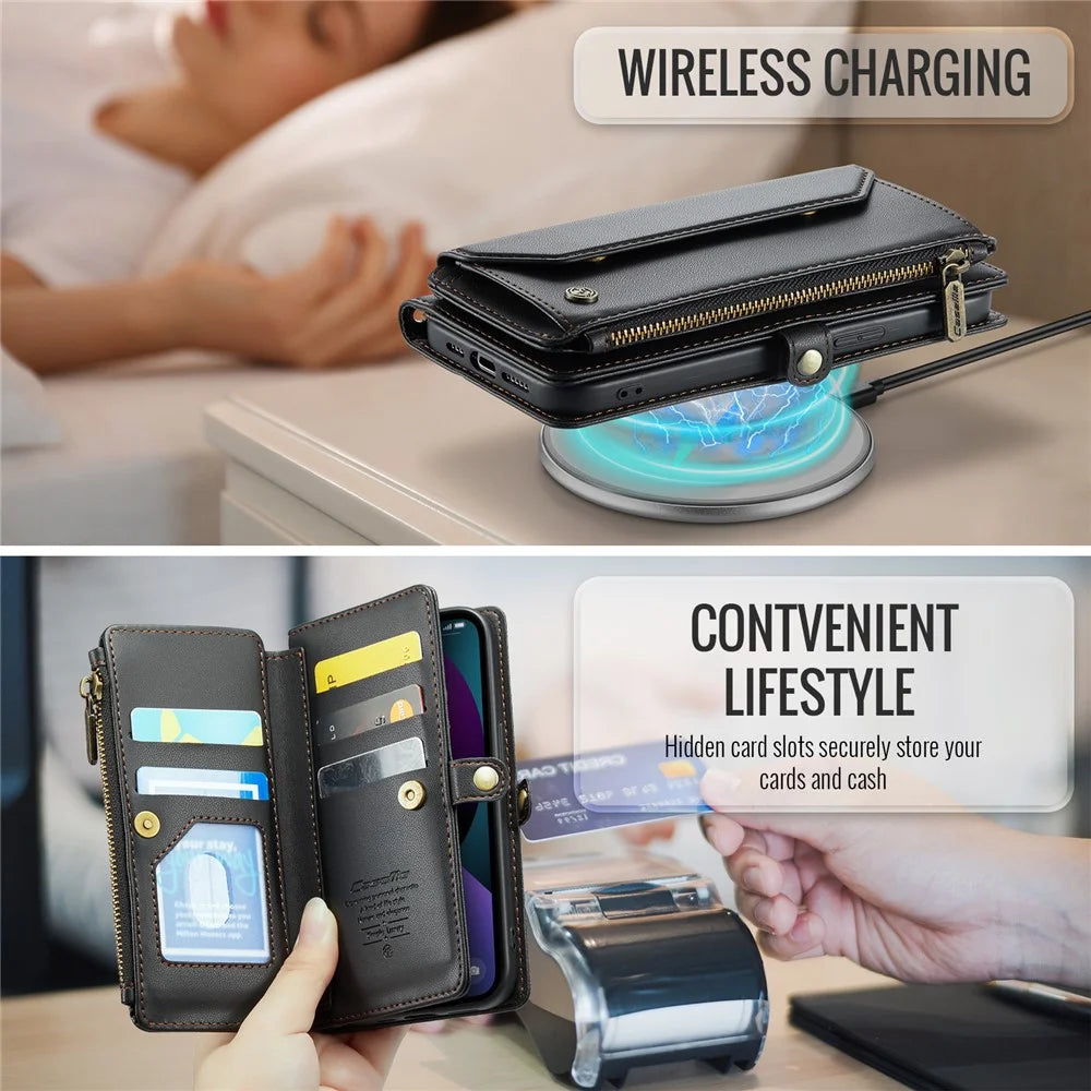 For iPhone 13 Leather Case CASEME C36 Zipper Multiple Card Slots Phone Cover with Straps - Black - 7