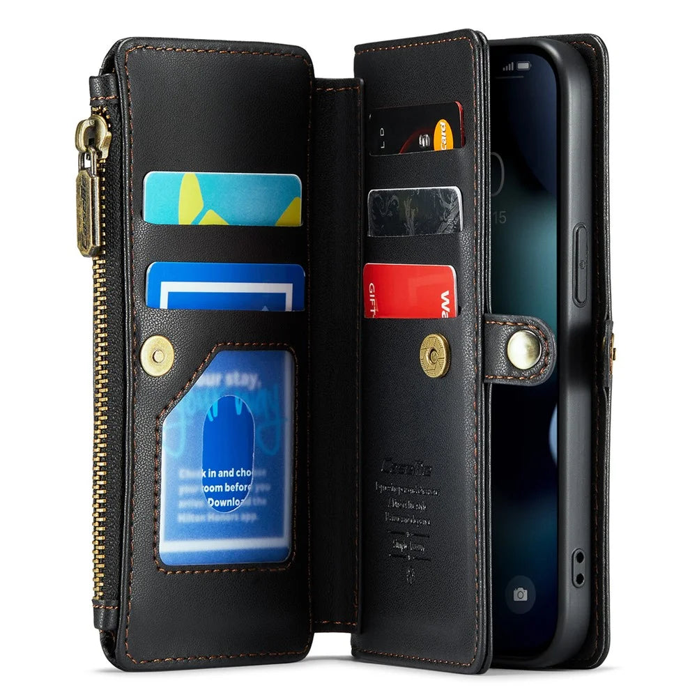 For iPhone 13 mini Leather Case CASEME C36 Zipper Multiple Card Slots Phone Cover with Straps - Black - 2