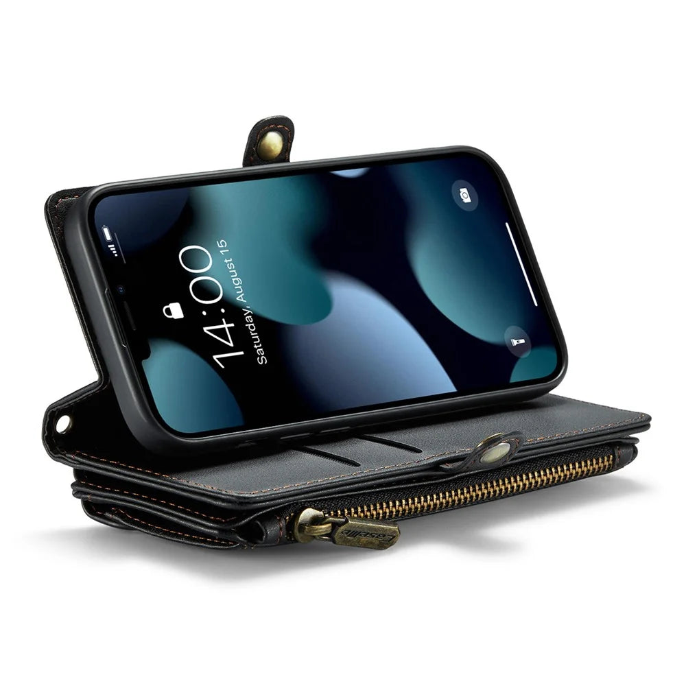 For iPhone 13 mini Leather Case CASEME C36 Zipper Multiple Card Slots Phone Cover with Straps - Black - 3