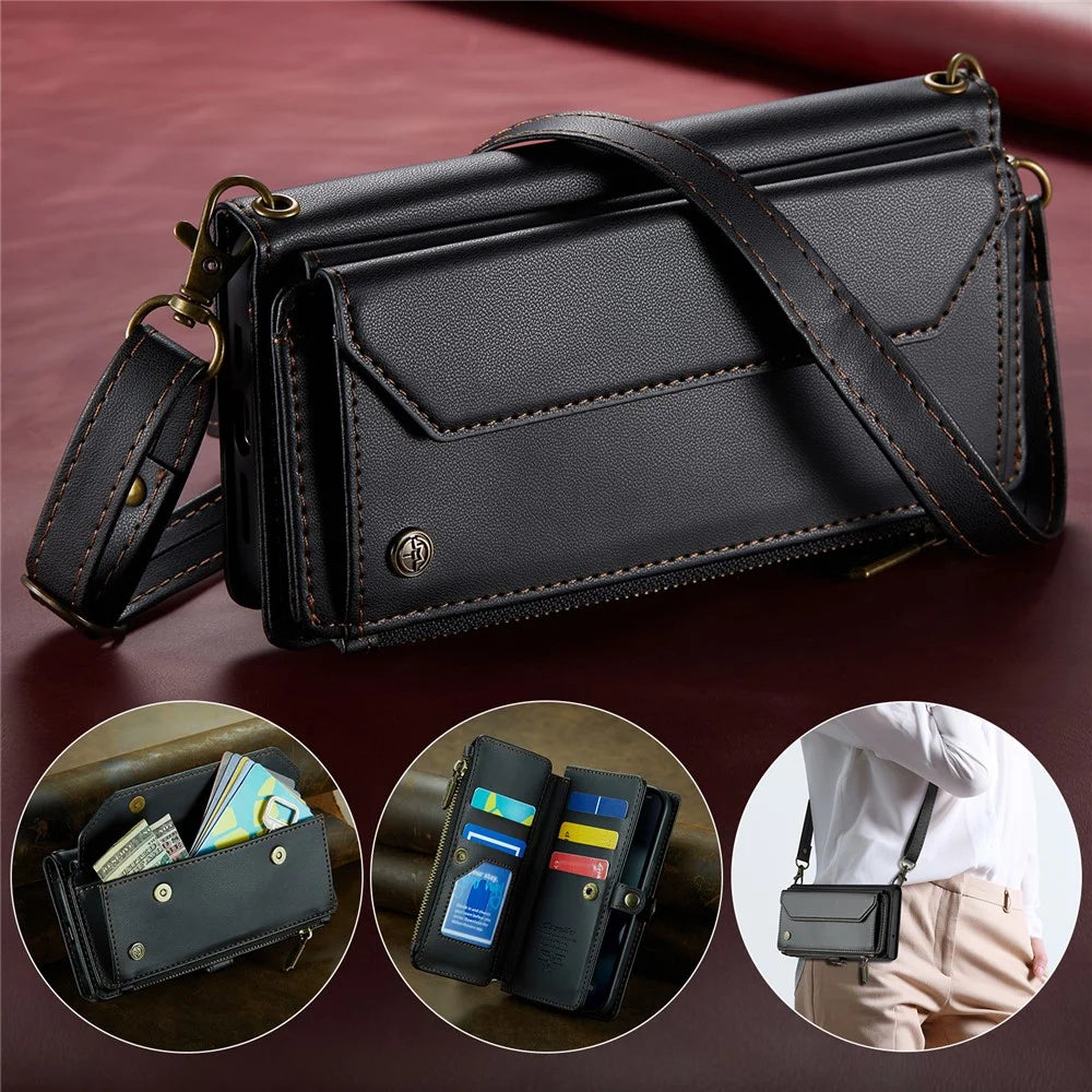 For iPhone 13 mini Leather Case CASEME C36 Zipper Multiple Card Slots Phone Cover with Straps - Black - 5
