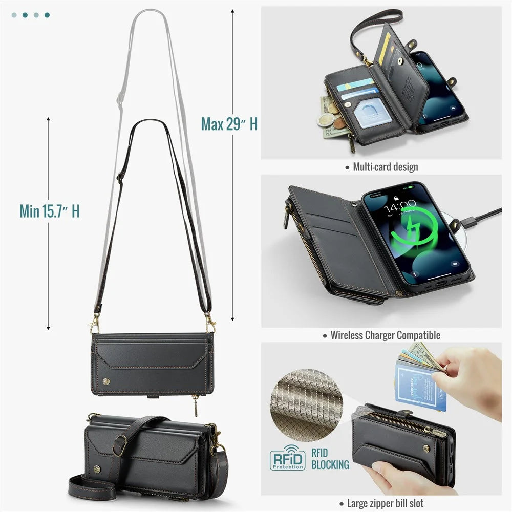 For iPhone 13 mini Leather Case CASEME C36 Zipper Multiple Card Slots Phone Cover with Straps - Black - 6