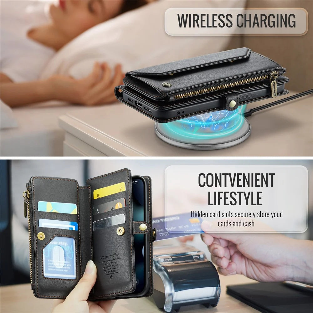 For iPhone 13 mini Leather Case CASEME C36 Zipper Multiple Card Slots Phone Cover with Straps - Black - 7