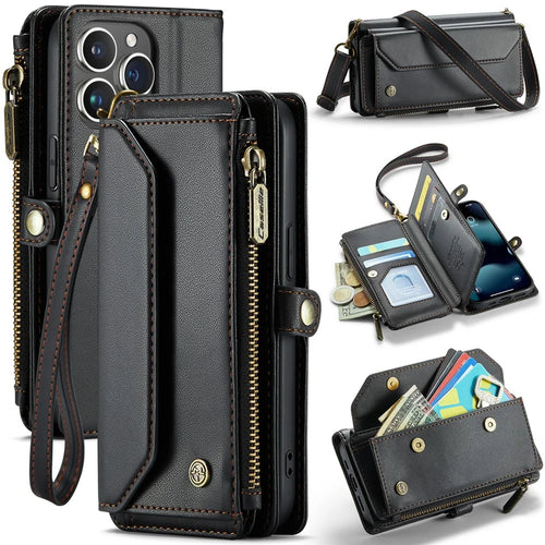 For iPhone 13 Pro Leather Case CASEME C36 Zipper Multiple Card Slots Phone Cover with Straps - Black - 1