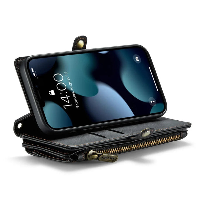 For iPhone 13 Pro Leather Case CASEME C36 Zipper Multiple Card Slots Phone Cover with Straps - Black - 3