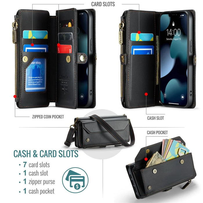 For iPhone 13 Pro Leather Case CASEME C36 Zipper Multiple Card Slots Phone Cover with Straps - Black - 4