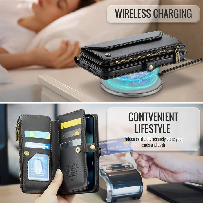 For iPhone 13 Pro Leather Case CASEME C36 Zipper Multiple Card Slots Phone Cover with Straps - Black - 7