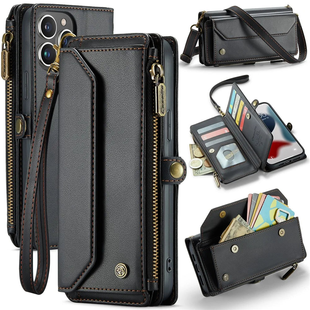 For iPhone 13 Pro Max Leather Case CASEME C36 Zipper Multiple Card Slots Phone Cover with Straps - Black - 1