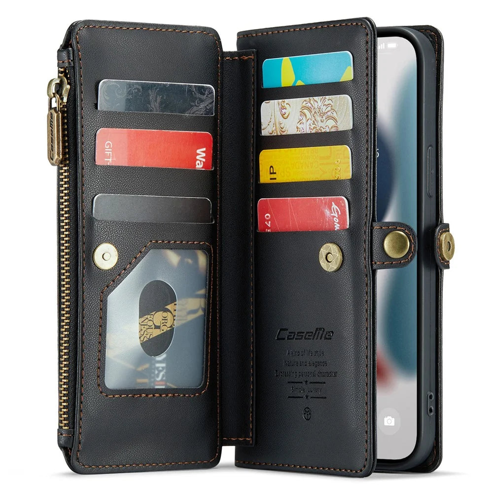 For iPhone 13 Pro Max Leather Case CASEME C36 Zipper Multiple Card Slots Phone Cover with Straps - Black - 2