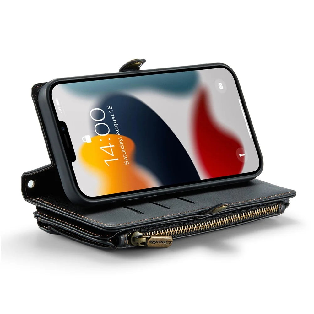 For iPhone 13 Pro Max Leather Case CASEME C36 Zipper Multiple Card Slots Phone Cover with Straps - Black - 3