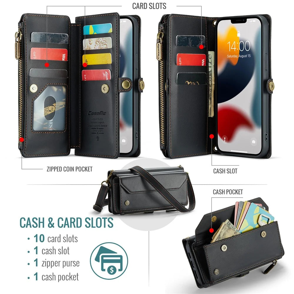For iPhone 13 Pro Max Leather Case CASEME C36 Zipper Multiple Card Slots Phone Cover with Straps - Black - 4