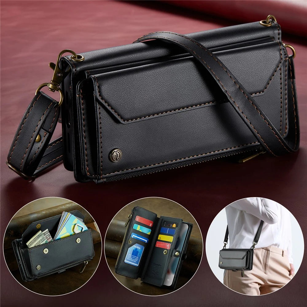 For iPhone 13 Pro Max Leather Case CASEME C36 Zipper Multiple Card Slots Phone Cover with Straps - Black - 5
