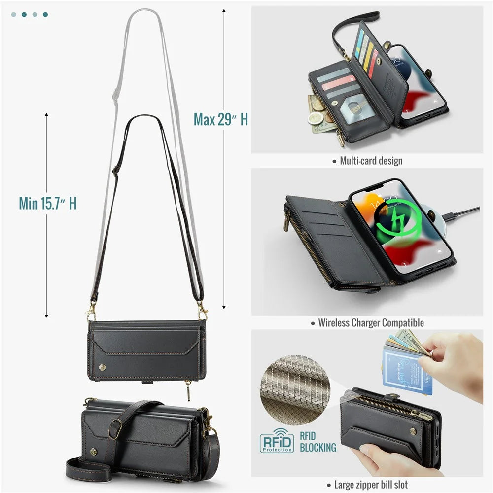 For iPhone 13 Pro Max Leather Case CASEME C36 Zipper Multiple Card Slots Phone Cover with Straps - Black - 6