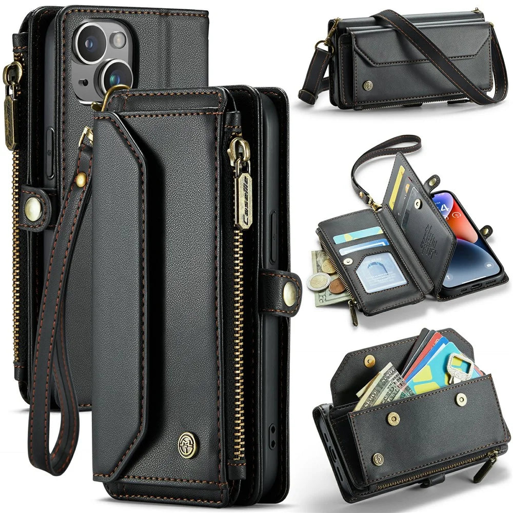 For iPhone 14 Leather Case CASEME C36 Zipper Multiple Card Slots Phone Cover with Straps - Black - 1