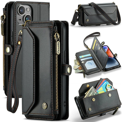 For iPhone 14 Leather Case CASEME C36 Zipper Multiple Card Slots Phone Cover with Straps - Black - 1