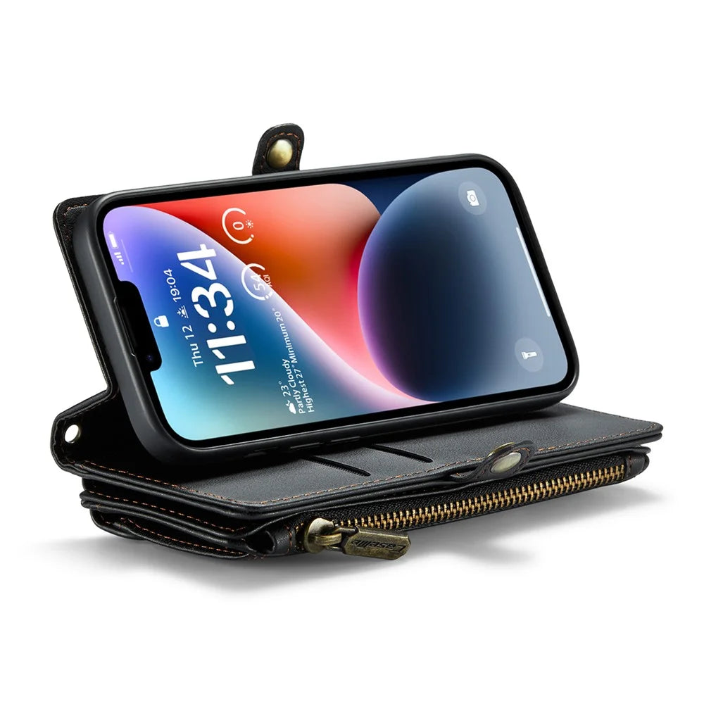 For iPhone 14 Leather Case CASEME C36 Zipper Multiple Card Slots Phone Cover with Straps - Black - 3