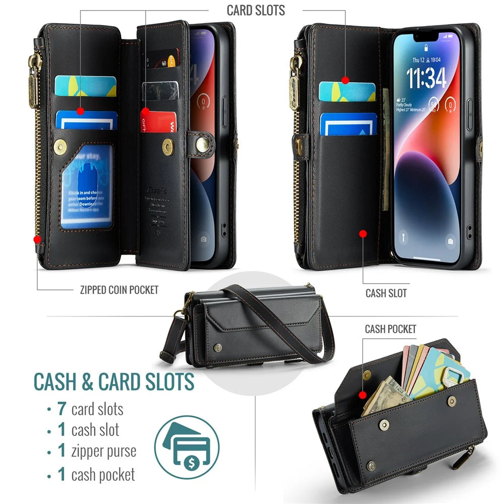 For iPhone 14 Leather Case CASEME C36 Zipper Multiple Card Slots Phone Cover with Straps - Black - 4