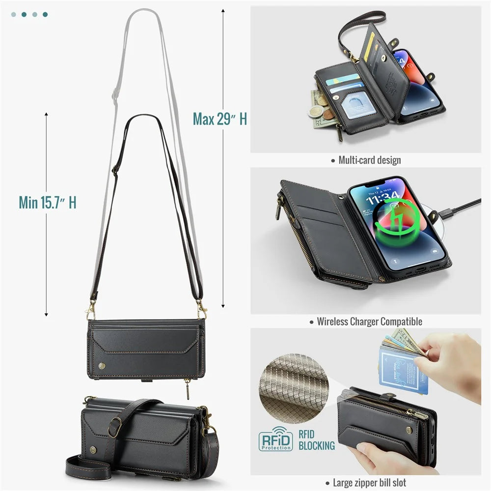For iPhone 14 Leather Case CASEME C36 Zipper Multiple Card Slots Phone Cover with Straps - Black - 6