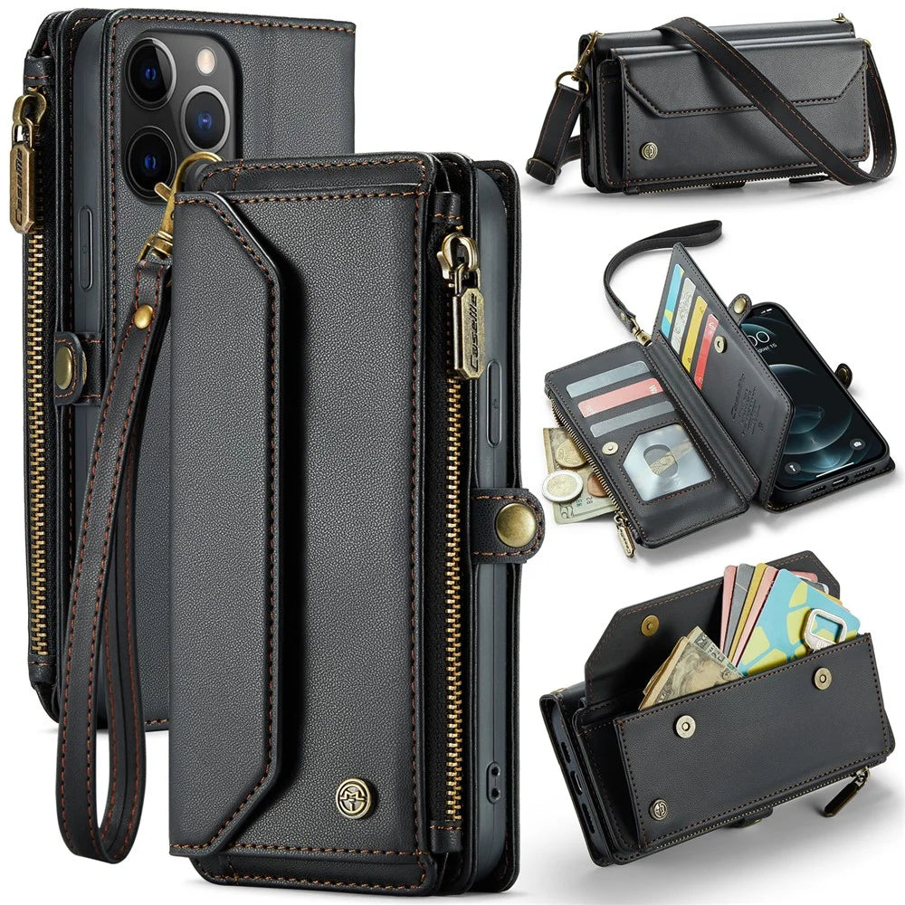 For iPhone 12 Pro Max Leather Case CASEME C36 Zipper Multiple Card Slots Phone Cover with Straps - Black - 1