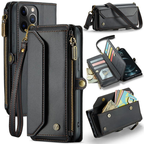 For iPhone 12 Pro Max Leather Case CASEME C36 Zipper Multiple Card Slots Phone Cover with Straps - Black - 1
