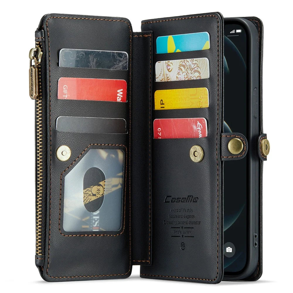 For iPhone 12 Pro Max Leather Case CASEME C36 Zipper Multiple Card Slots Phone Cover with Straps - Black - 2