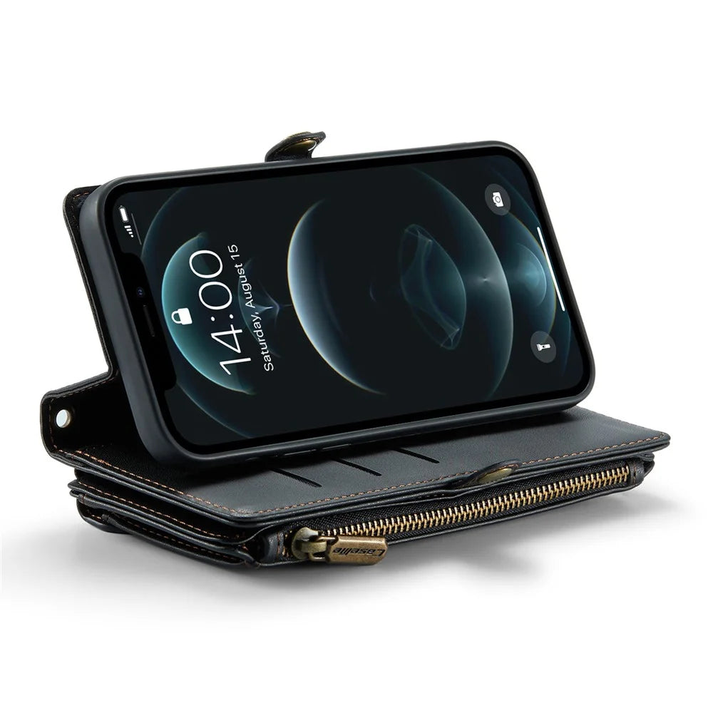 For iPhone 12 Pro Max Leather Case CASEME C36 Zipper Multiple Card Slots Phone Cover with Straps - Black - 3