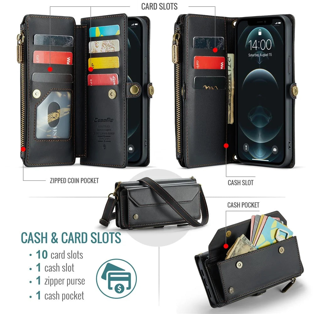 For iPhone 12 Pro Max Leather Case CASEME C36 Zipper Multiple Card Slots Phone Cover with Straps - Black - 4