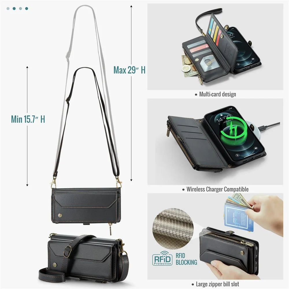 For iPhone 12 Pro Max Leather Case CASEME C36 Zipper Multiple Card Slots Phone Cover with Straps - Black - 6