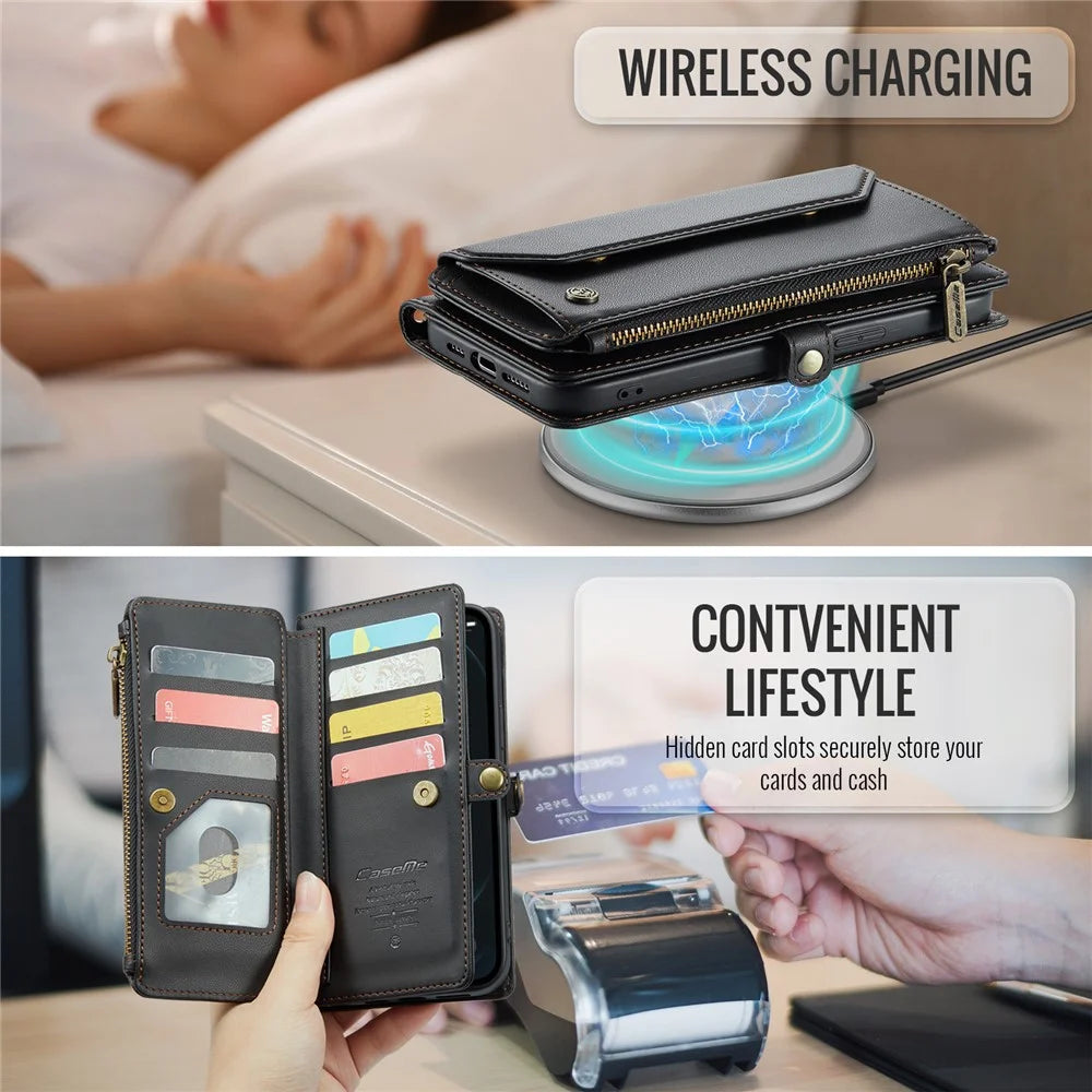 For iPhone 12 Pro Max Leather Case CASEME C36 Zipper Multiple Card Slots Phone Cover with Straps - Black - 7