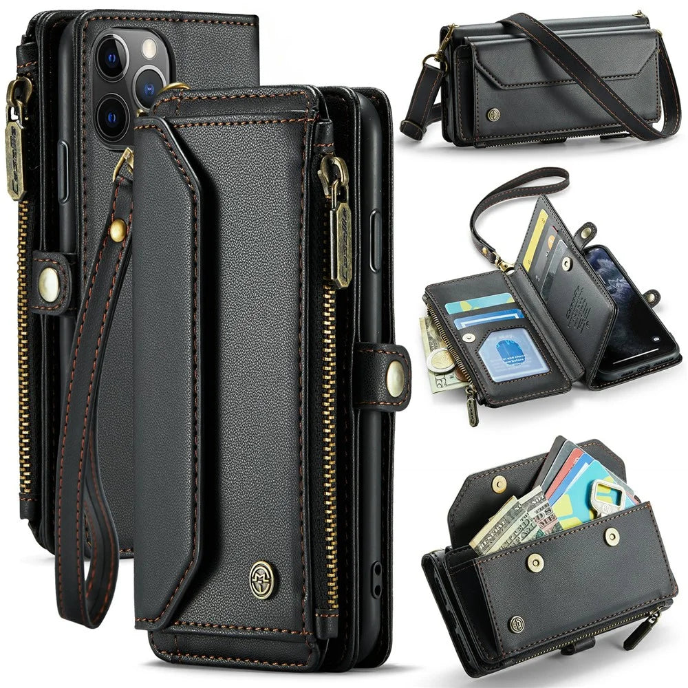 For iPhone 11 Pro Leather Case CASEME C36 Zipper Multiple Card Slots Phone Cover with Straps - Black - 1