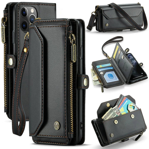 For iPhone 11 Pro Leather Case CASEME C36 Zipper Multiple Card Slots Phone Cover with Straps - Black - 1