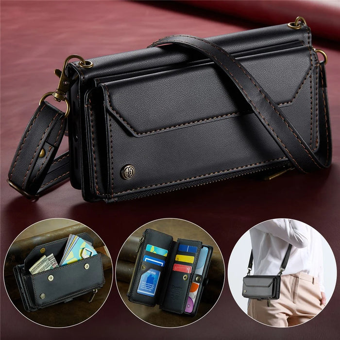 For iPhone 11 Pro Leather Case CASEME C36 Zipper Multiple Card Slots Phone Cover with Straps - Black - 5