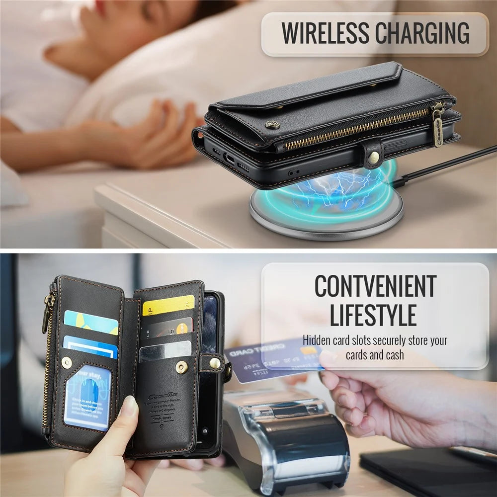For iPhone 11 Pro Leather Case CASEME C36 Zipper Multiple Card Slots Phone Cover with Straps - Black - 7