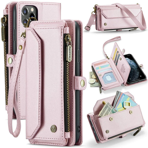 For iPhone 11 Pro Max Leather Case CASEME C36 Zipper Multiple Card Slots Phone Cover with Straps - Pink - 1
