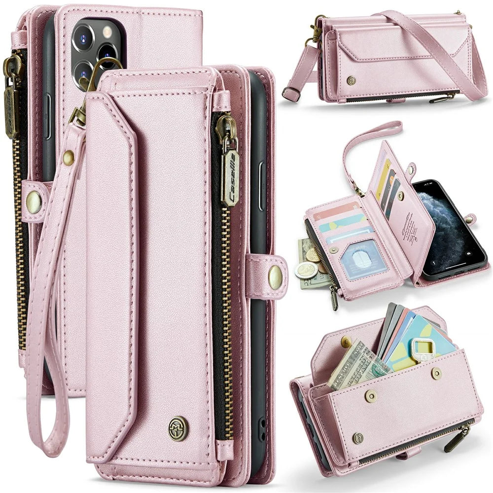 For iPhone 11 Pro Max Leather Case CASEME C36 Zipper Multiple Card Slots Phone Cover with Straps - Pink - 1