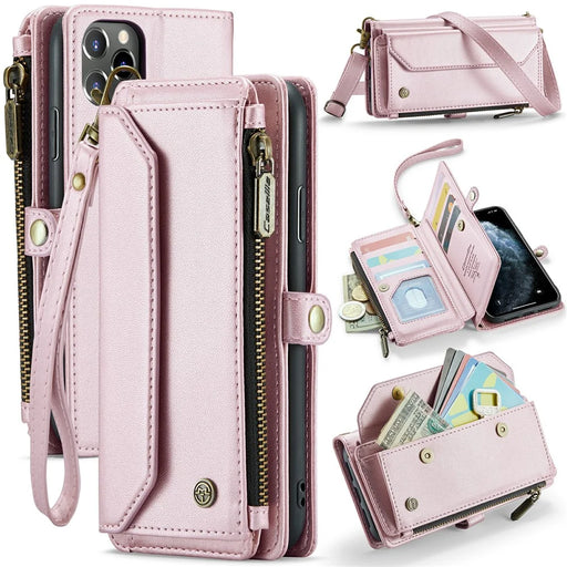 For iPhone 11 Pro Max Leather Case CASEME C36 Zipper Multiple Card Slots Phone Cover with Straps - Pink - 1