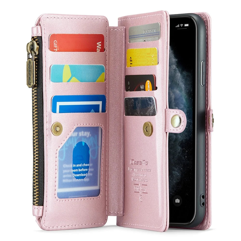 For iPhone 11 Pro Max Leather Case CASEME C36 Zipper Multiple Card Slots Phone Cover with Straps - Pink - 2