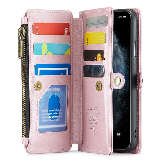 For iPhone 11 Pro Max Leather Case CASEME C36 Zipper Multiple Card Slots Phone Cover with Straps - Pink - 2