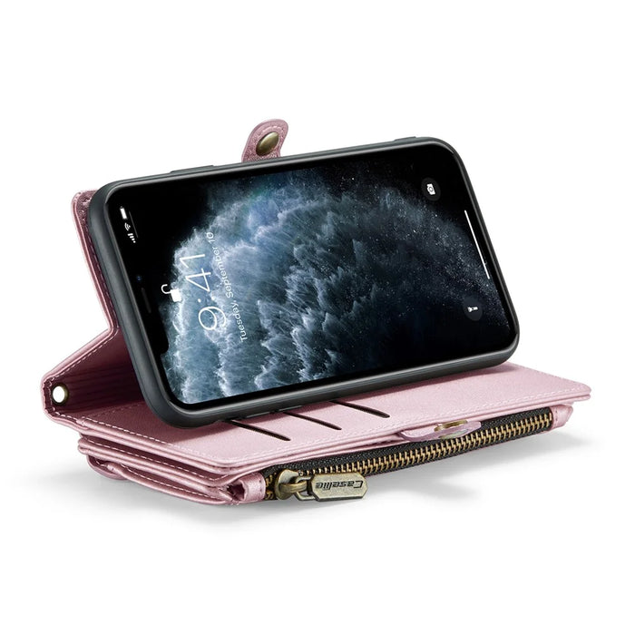For iPhone 11 Pro Max Leather Case CASEME C36 Zipper Multiple Card Slots Phone Cover with Straps - Pink - 3
